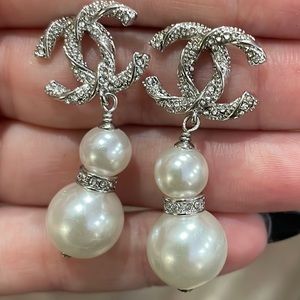 Chanel CC Double Pearl Drop Chandelier Earrings